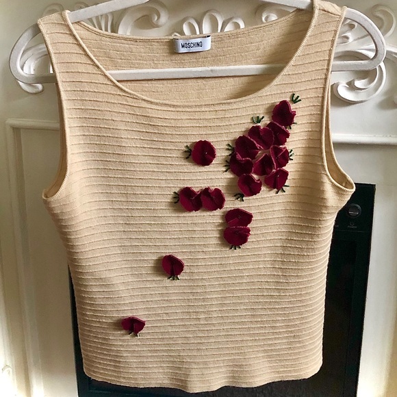 Vintage ⭐️🐻 MOSCHINO 🐻⭐️ Virgin Wool Velvet 3D Flower Tank Top Shirt ITALY❣️ - Picture 10 of 14